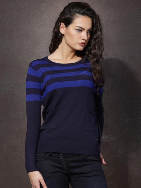 

Roadster Women Blue Striped Sweater, Navy blue