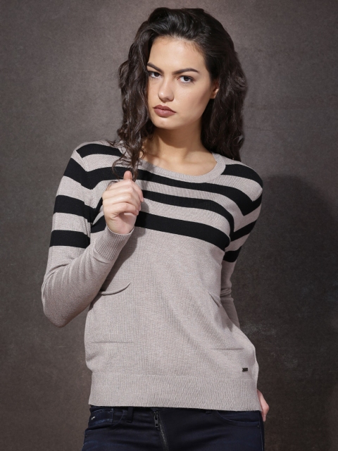 

Roadster Women Beige & Black Striped Sweater