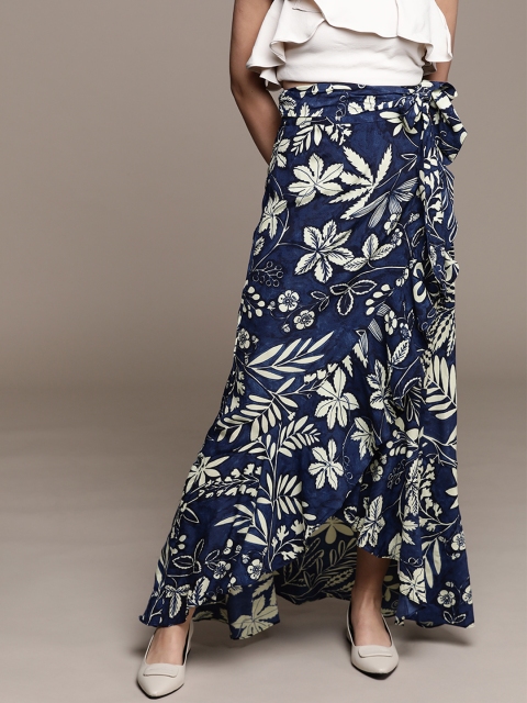 

Label Ritu Kumar Women Navy Blue & Cream-Coloured Floral Print Ruffle Wrap Skirt