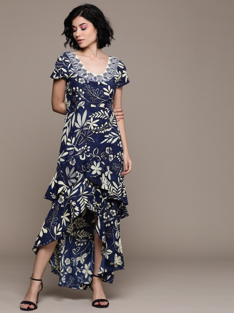 

Label Ritu Kumar Women Navy Blue & Cream-Colored Printed High-Low Maxi Dress