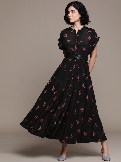 

Label Ritu Kumar Women Black & Coral Floral Printed Maxi Dress