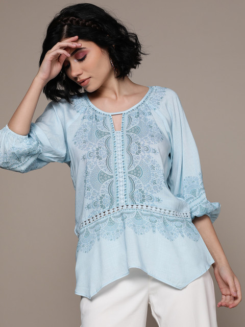 

Label Ritu Kumar Blue Printed Keyhole Neck Puff Sleeves A-Line Top