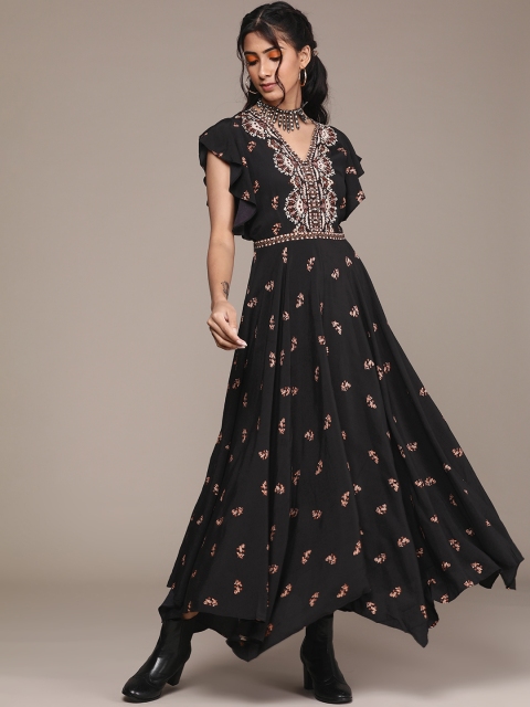 

Label Ritu Kumar Black & Brown Ethnic Motifs Print Flared Sleeves Maxi Dress