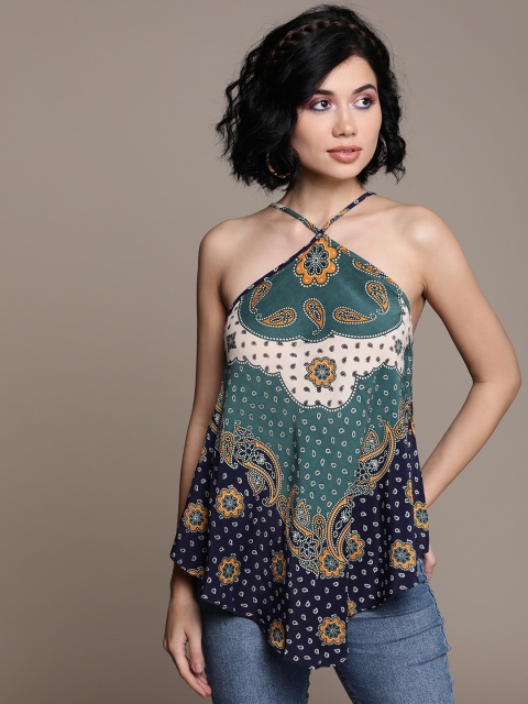 

Label Ritu Kumar Navy Blue & Mustard Printed A-Line Top