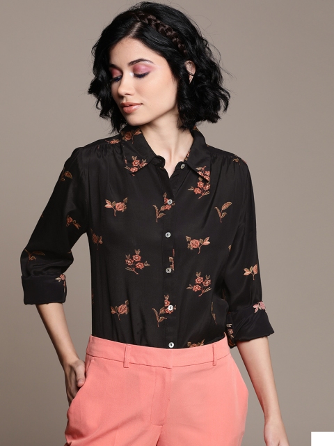 

Label Ritu Kumar Women Black & Coral Orange Printed Casual Shirt