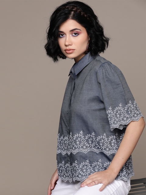 

Label Ritu Kumar Women Blue & White Pure Cotton Printed Casual Shirt