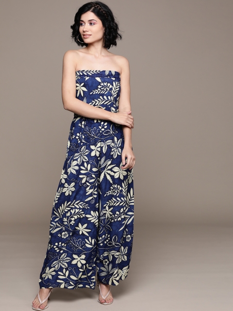 

Label Ritu Kumar Women Blue & Cream-Coloured Printed Strapless Jumpsuit