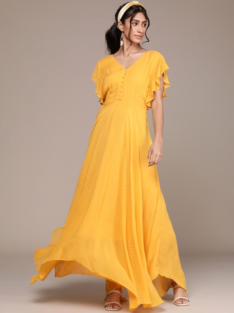 

Label Ritu Kumar Mustard Yellow Dobby Weave Maxi Dress