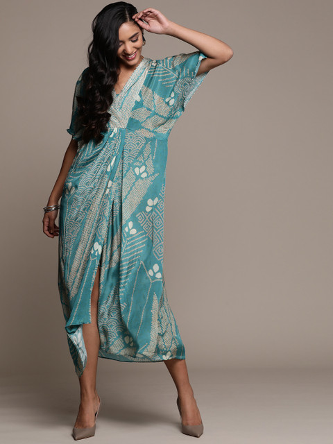 

Ritu Kumar Women Teal Blue Printed Kaftan Dress with Bandeau Bra