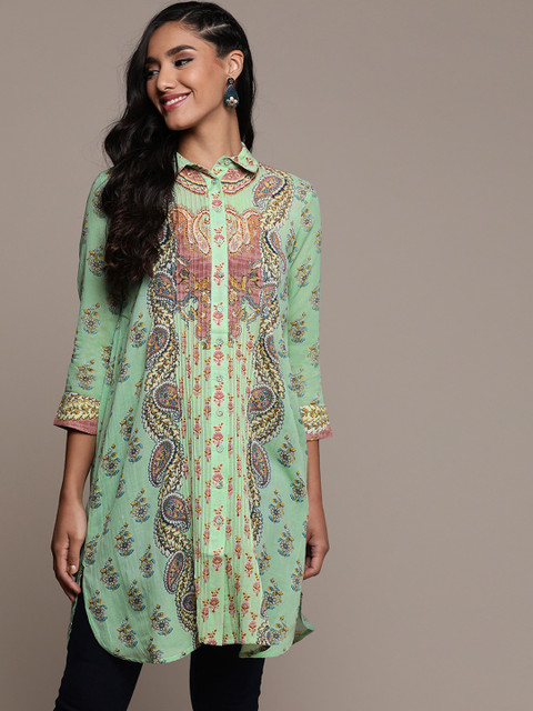 

Ritu Kumar Women Sea Green & Pink Ethnic Motifs Printed Pathani Kurta