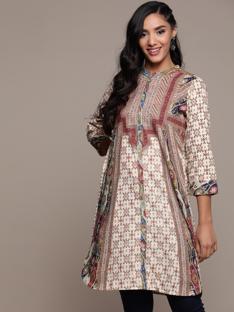 

Ritu Kumar Women Beige & Navy Blue Pure Cotton Ethnic Motifs Printed Kurta