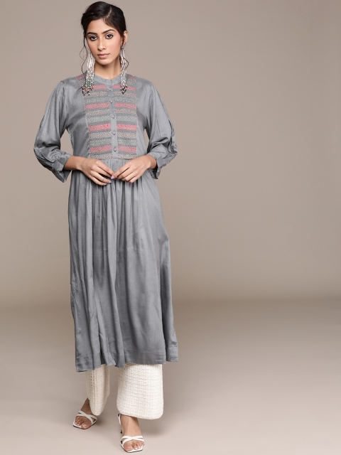 

Ritu Kumar Women Grey & Pink Yoke Design A-Line Kurta