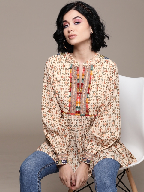 

Ritu Kumar Women Off-White & Rust Orange Printed Empire A-Line Kurti