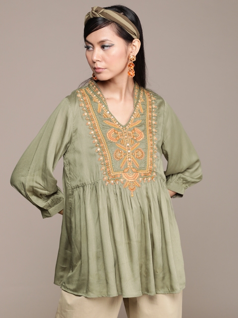 

Ritu Kumar Women Green & Orange Yoke Design A-Line Kurti