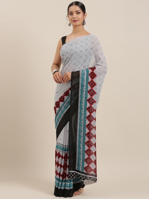 

KALINI Grey & Black Poly Georgette Printed Saree