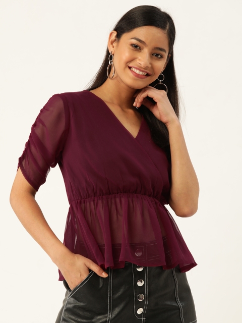 

Trend Arrest Burgundy Puff Sleeves Semi-Sheer Wrap Top