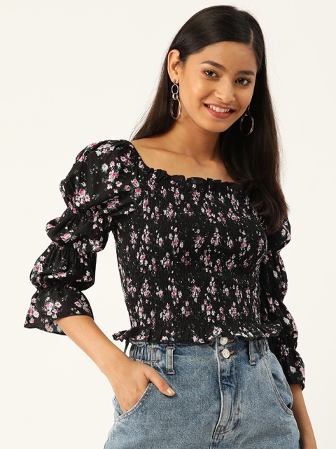 

Trend Arrest Navy Blue & White Floral Printed Puff Sleeves Smocked Fitted Top