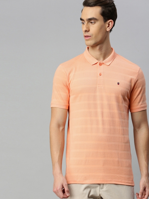 

Louis Philippe Sport Men Peach-Coloured Striped Polo Collar T-shirt
