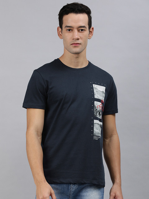 

Louis Philippe Jeans Men Navy Blue Printed Round Neck Pure Cotton T-shirt