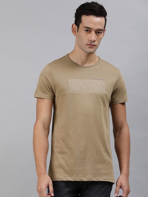 

Louis Philippe Jeans Men Taupe Printed Round Neck Pure Cotton T-shirt