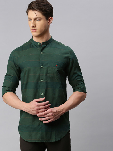 

Louis Philippe Sport Men Green & Orange Super Slim Fit Striped Casual Shirt
