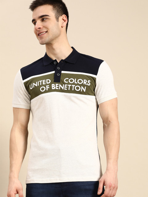 

United Colors of Benetton Men Grey & Navy Pure Cotton Colourblocked Polo Collar T-shirt, Grey melange