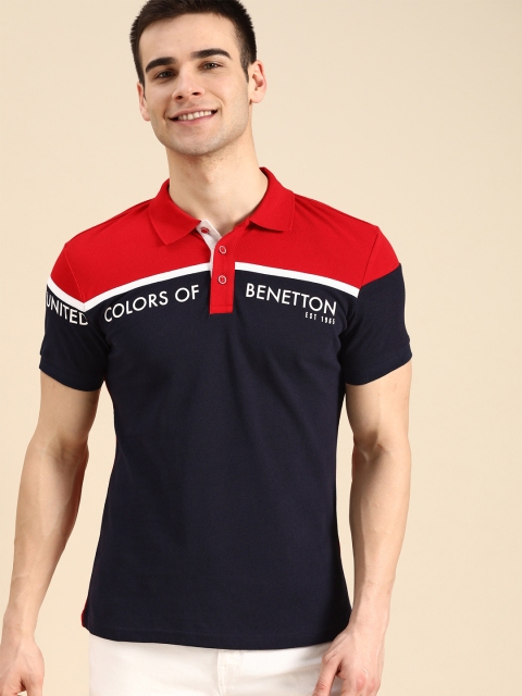 

United Colors of Benetton Men Navy & Red Pure Cotton Colourblocked Polo Collar T-shirt, Navy blue