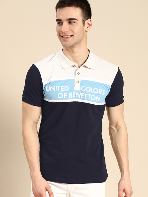 

United Colors of Benetton Men Navy Blue Pure Cotton Colourblocked Polo Collar T-shirt