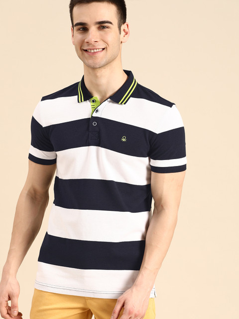 

United Colors of Benetton Men Navy Blue & White Pure Cotton Striped Polo Collar T-shirt