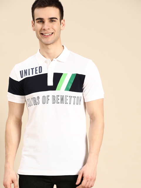 

United Colors of Benetton Men White Pure Cotton Colourblocked Polo Collar T-shirt
