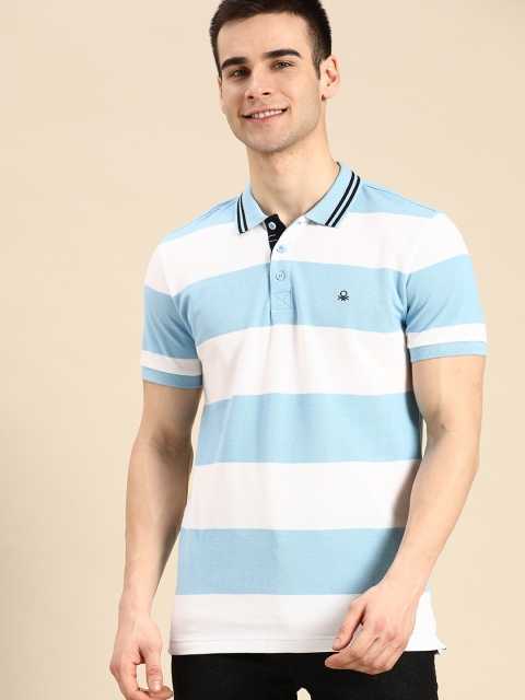 

United Colors of Benetton Men Blue & White Striped Polo Collar Cotton T-shirt