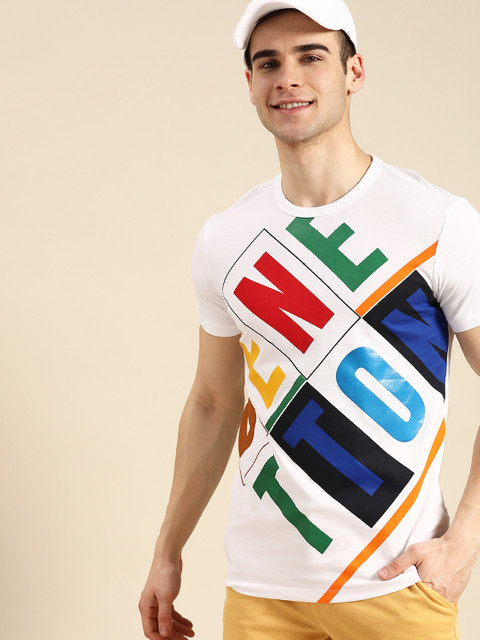 

United Colors of Benetton Men White & Black Printed Round Neck Cotton T-shirt