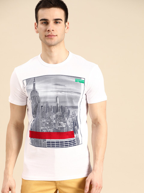 

United Colors of Benetton Men White & Navy Blue Pure Cotton Printed Round Neck T-shirt