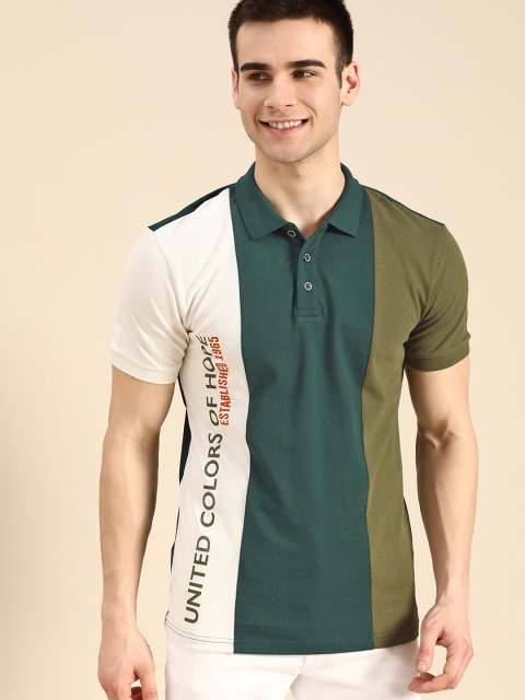 

United Colors of Benetton Men White & Green Pure Cotton Colourblocked Polo Collar T-shirt