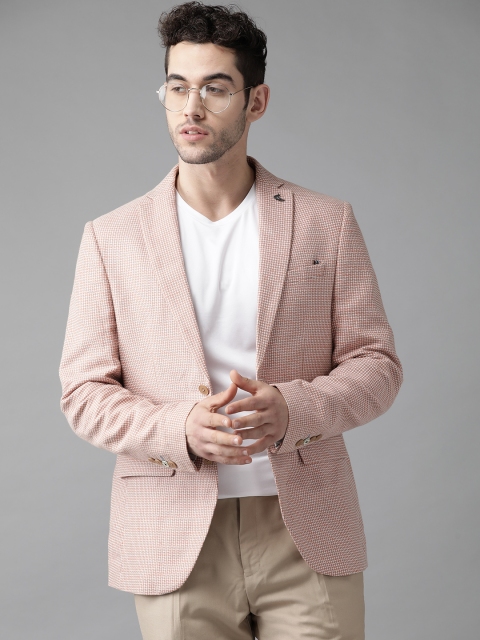 

Blackberrys Men Peach-Coloured & White Checked Slim Fit Single-Breasted Casual Blazer