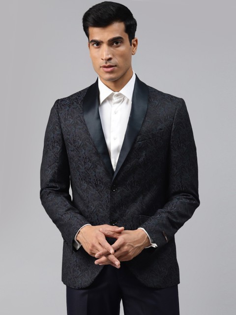 

Blackberrys Men Navy Blue Slim Fit Ethnic Motifs Patterned Single-Breasted Tuxedo