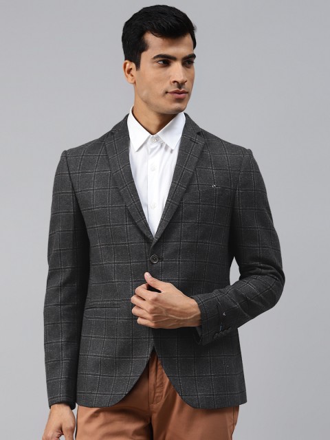

Blackberrys Men Charcoal Grey & Black Windowpane Check Single Breasted Slim Fit Blazer