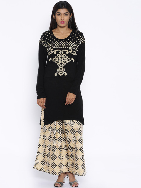 

Fusion Beats Women Black & Beige Self-Design Kurta