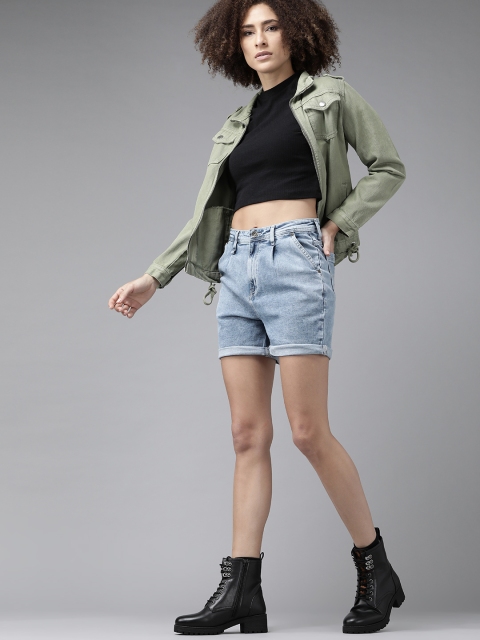 

Roadster Women Blue Washed High-Rise Denim Shorts
