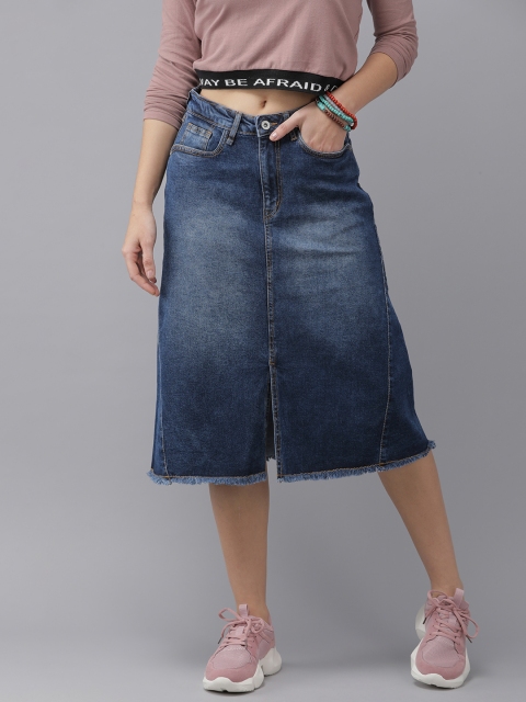 

Roadster Women Blue Washed High Rise Denim A-Line Skirt with Frayed Hem