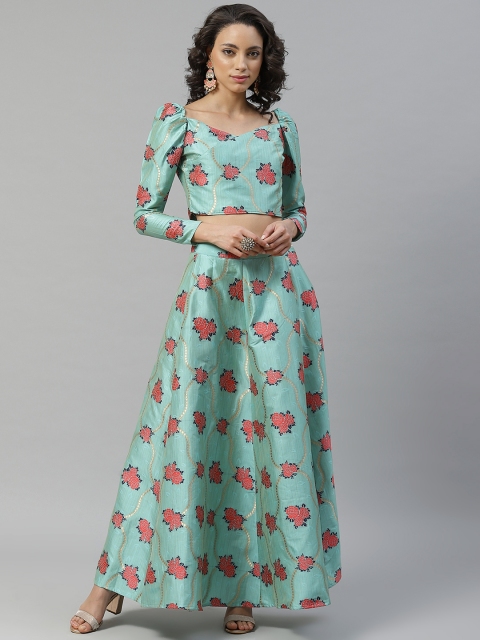 

flaher Green & Red Floral Woven Design Ready to Wear Lehenga with Blouse