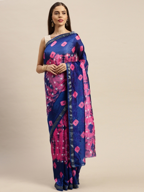 

Mitera Hand Dyed Blue & Pink Bandhani Silk Sustainable Saree, Navy blue
