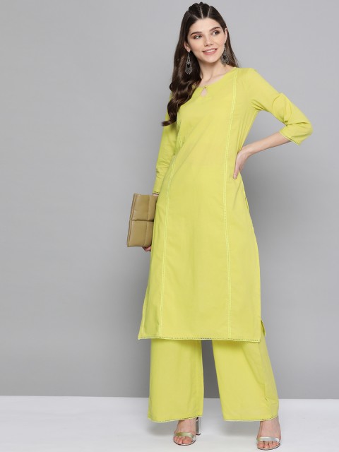 

HERE&NOW Women Green Solid Pure Cotton Kurta with Palazzos with Crochet Detail