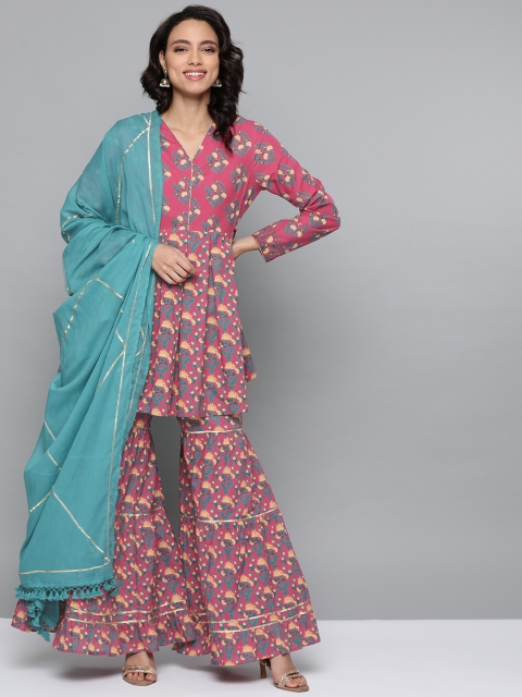 

HERE&NOW Women Pink & Blue Floral Printed Kurti with Sharara & Dupatta