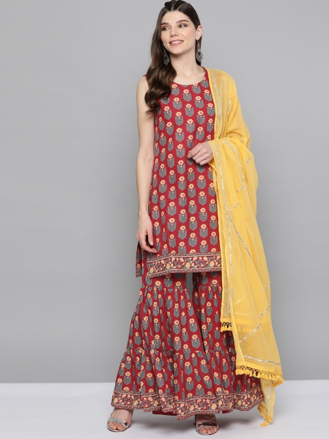

HERE&NOW Women Red & Beige Ethnic Motifs Print Pure Cotton Kurta with Sharara and Dupatta