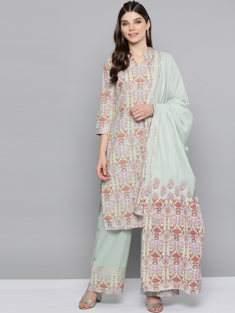 

HERE&NOW Women Green & Pink Ethnic Motifs Print Pure Cotton Kurta with Palazzos & Dupatta