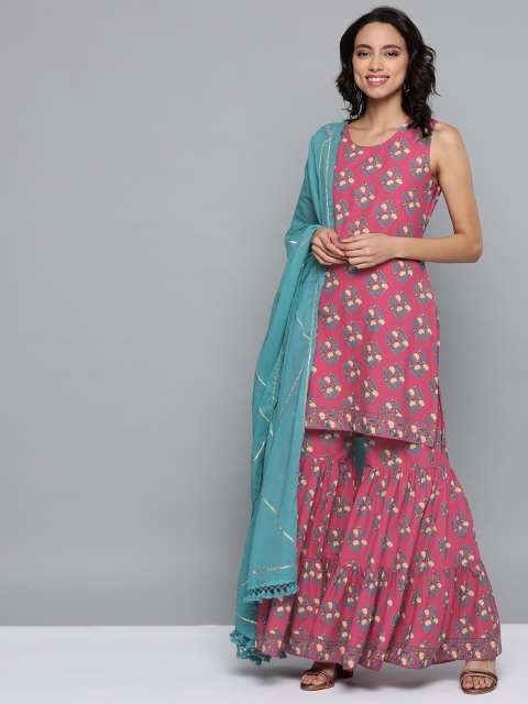 

HERE&NOW Women Pink & Blue Floral Printed Kurta with Sharara & Dupatta