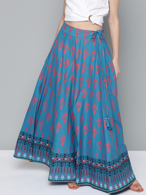 

HERE&NOW Women Teal Blue & Coral Red Pure Cotton Printed Flared Maxi Skirt