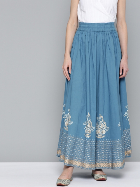 

HERE&NOW Women Blue & Golden Pure Cotton Printed Flared Maxi Skirt