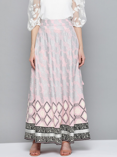 

HERE&NOW Women Pink & Silver Ethnic Motifs Print Maxi Flared Cotton Skirt